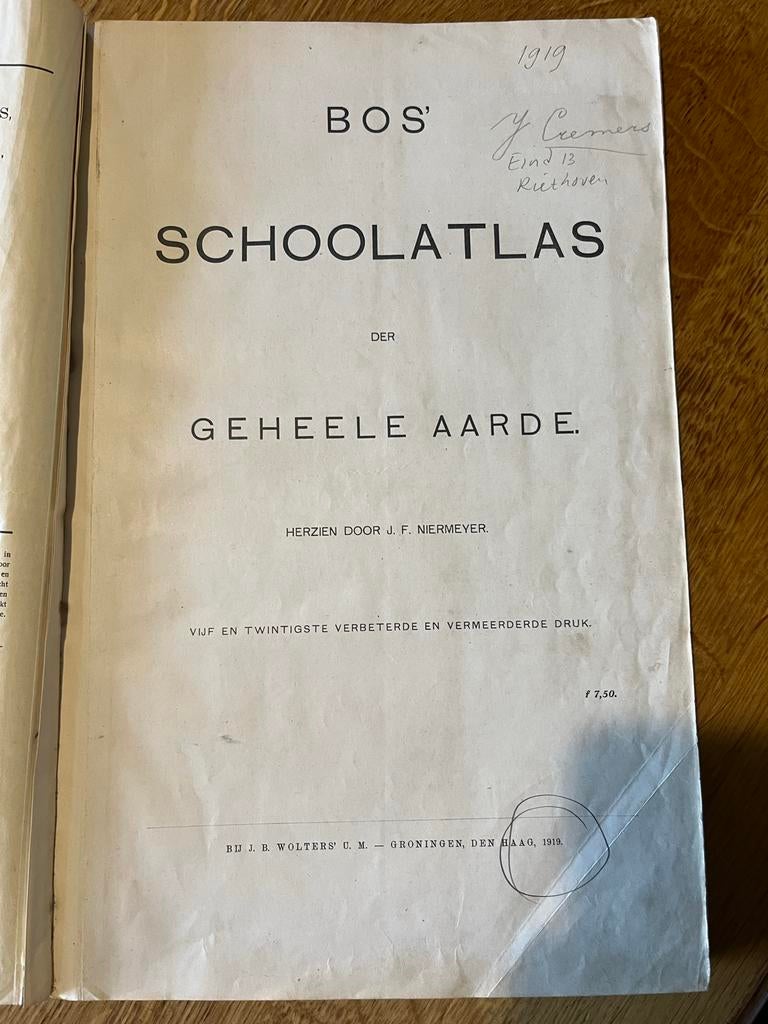 Bos Schoolatlas Geheele Aarde  uitgave- 1919, Gelezen, Bosatlas, Ophalen of Verzenden, 1800 tot 2000