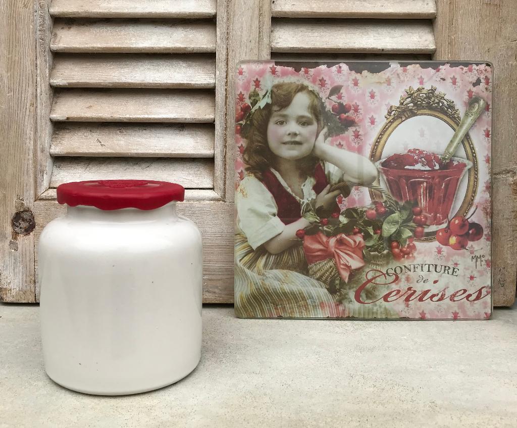 Franse grès pot mosterdpot met rood deksel