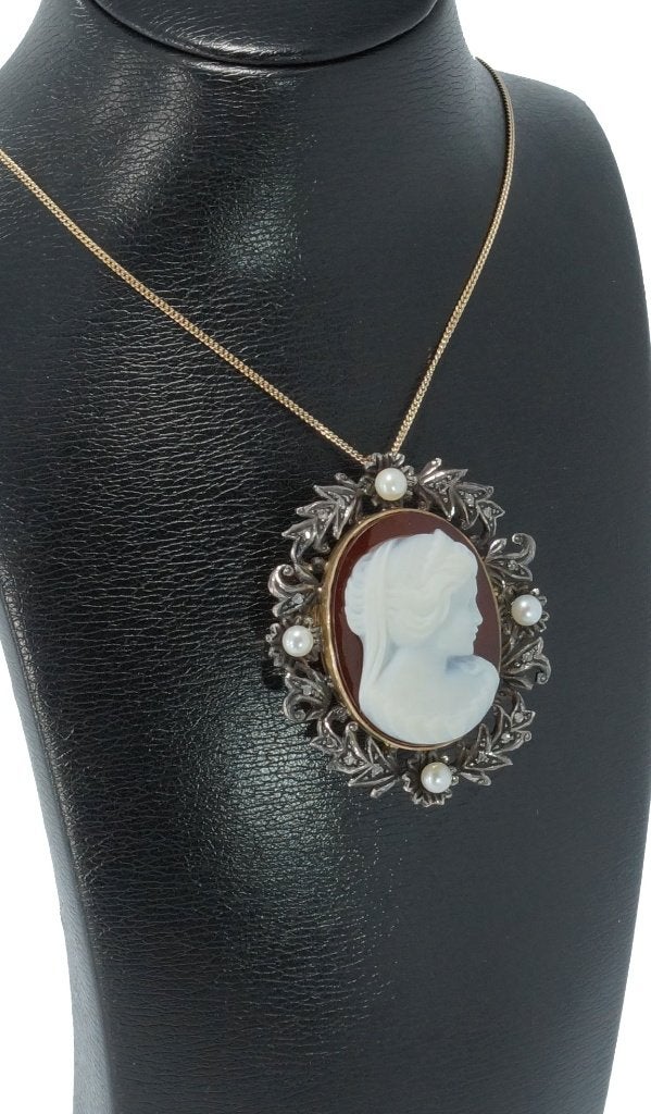 Grote diamanten 14k gouden hanger broche camee parels antiek, Verzenden, Goud, Hanger, Met edelsteen