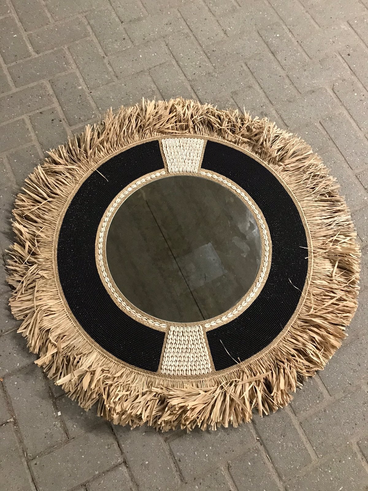 Super mooi nieuw Bali wandbord 100cm kralen schelp raffia, Ophalen, Nieuw