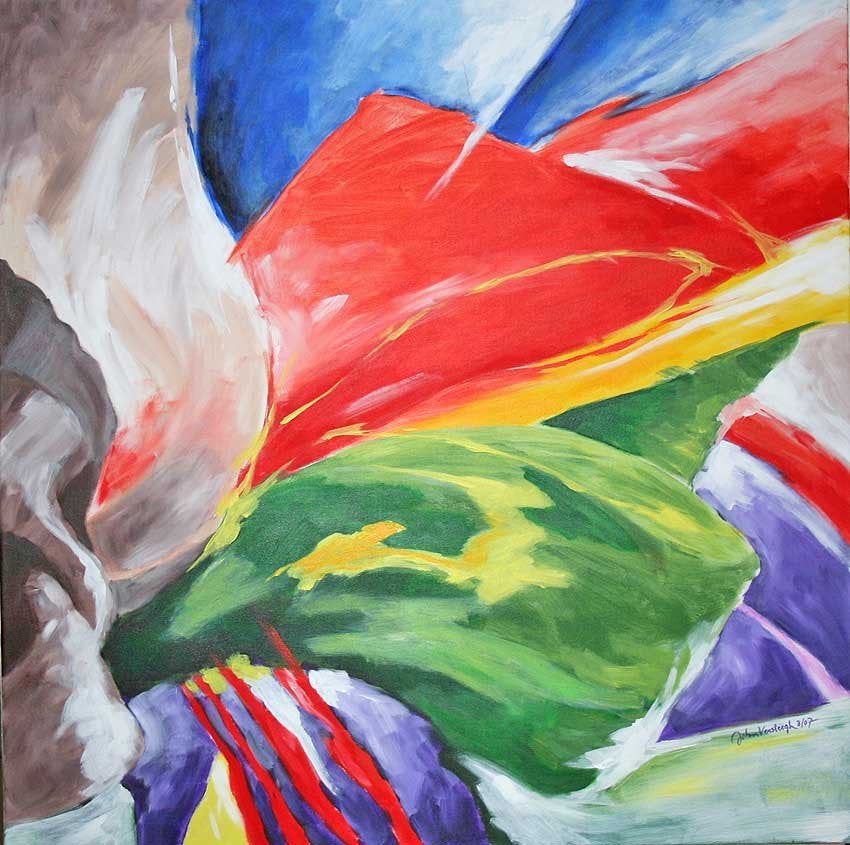 Abstract schilderij "Botanisch", 1x1 m, Antiek en Kunst, Ophalen