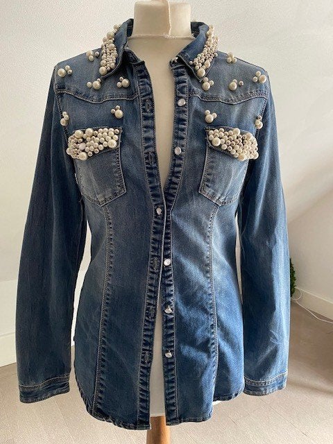 Miss Bonbon jeans blouse met parels, Kleding | Dames, Blauw, Ophalen of Verzenden, Zo goed als nieuw, Maat 36 (S)