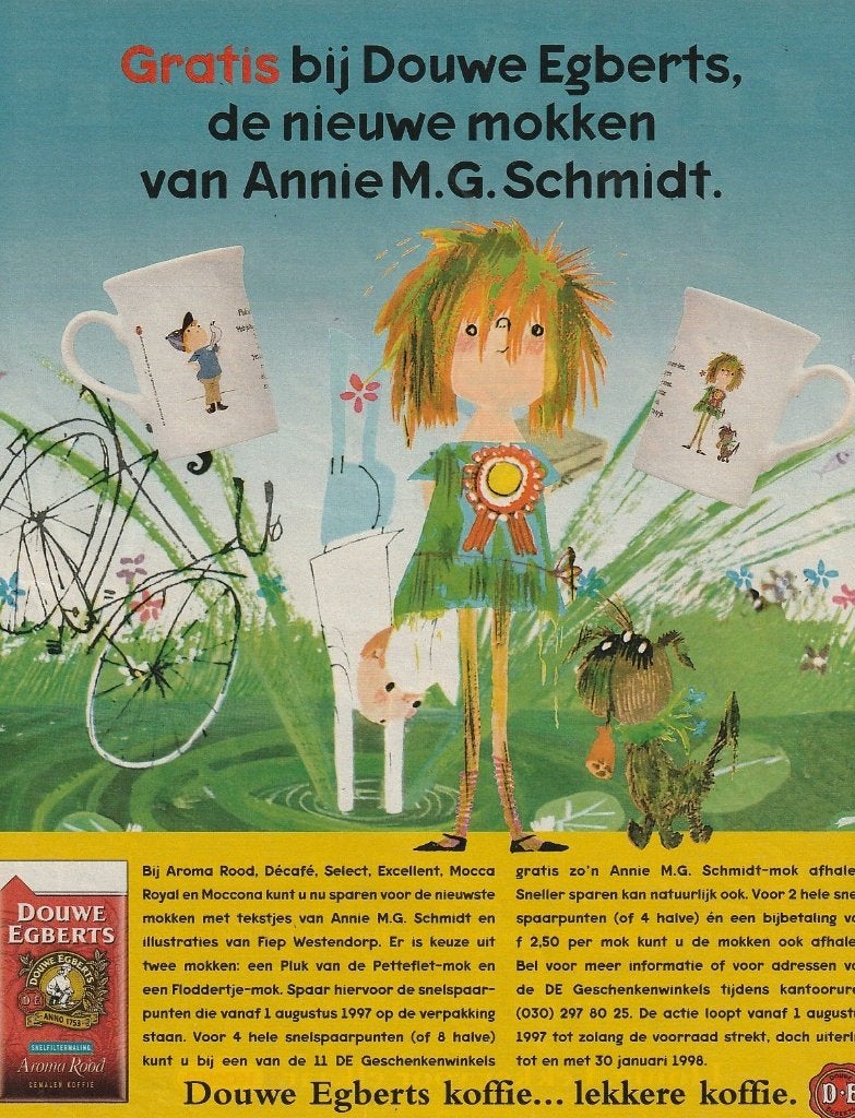 Retro reclame 1997 Douwe Egberts mok beker Floddertje Pluk, Verzamelen, Retro, Verzenden, Overige typen