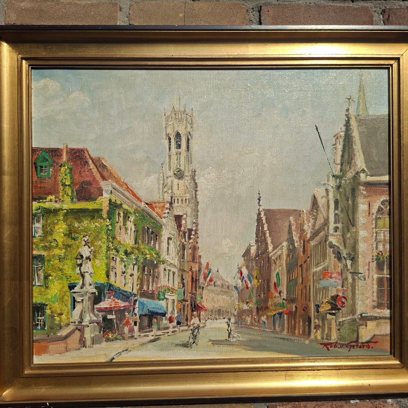 De Nepomucenusbrug te Brugge, Olieverf, Doek, Verzenden, Gesigneerd