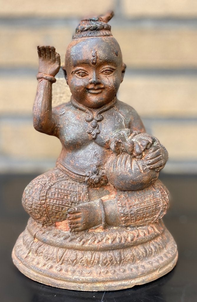 Bronzen Bala Krishna beeld met boterpot 18 cm, Ophalen of Verzenden, Zo goed als nieuw, Beeld(je), Hindoeïsme