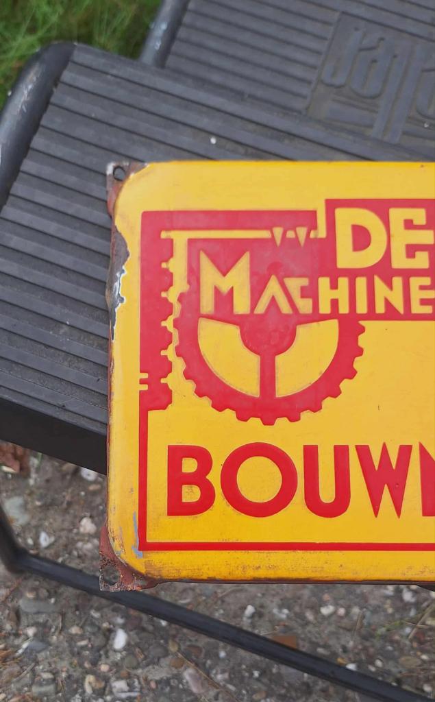 Geleefd emaille reclamebord De Jong's Machinefabriek., Reclamebord, Gebruikt, ., Ophalen of Verzenden