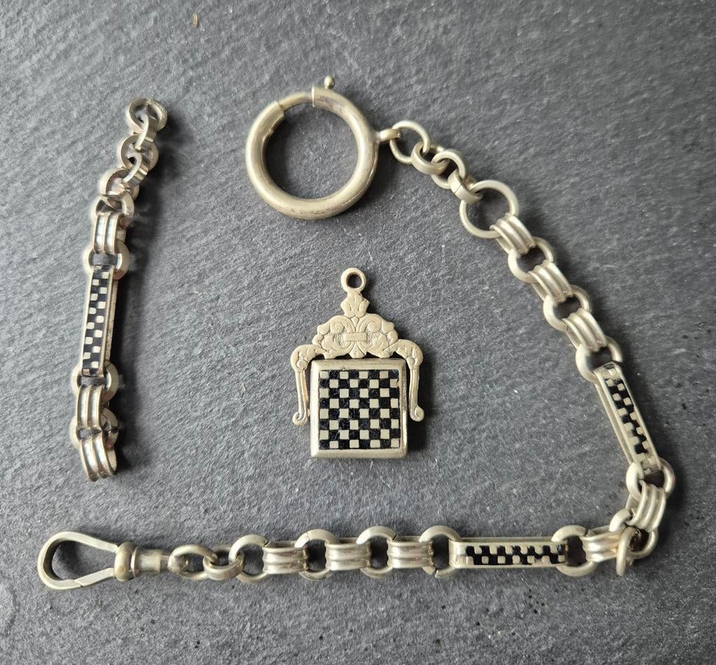 Antieke Zilveren Horlogeketting met Medaillon, Ophalen of Verzenden, Zilver