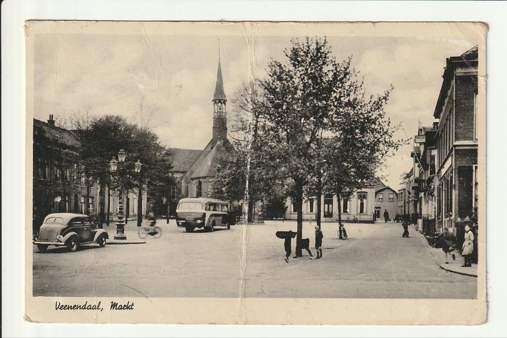 VEENENDAAL MARKT KERKTOREN KIDS AUTO BUS AW DE HAAS GARAGE, Ophalen of Verzenden, 1940 tot 1960, Gelopen, Utrecht