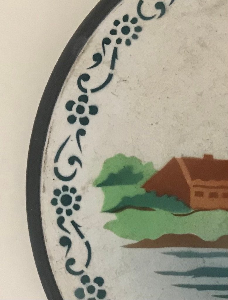 Franse brocante aardewerk onderzetter met vernikkelde rand, Ophalen of Verzenden