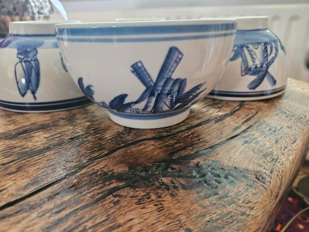 Set van 4 Delfts Blauwe Kommen met Molen en Vogels, Antiek en Kunst, Ophalen of Verzenden