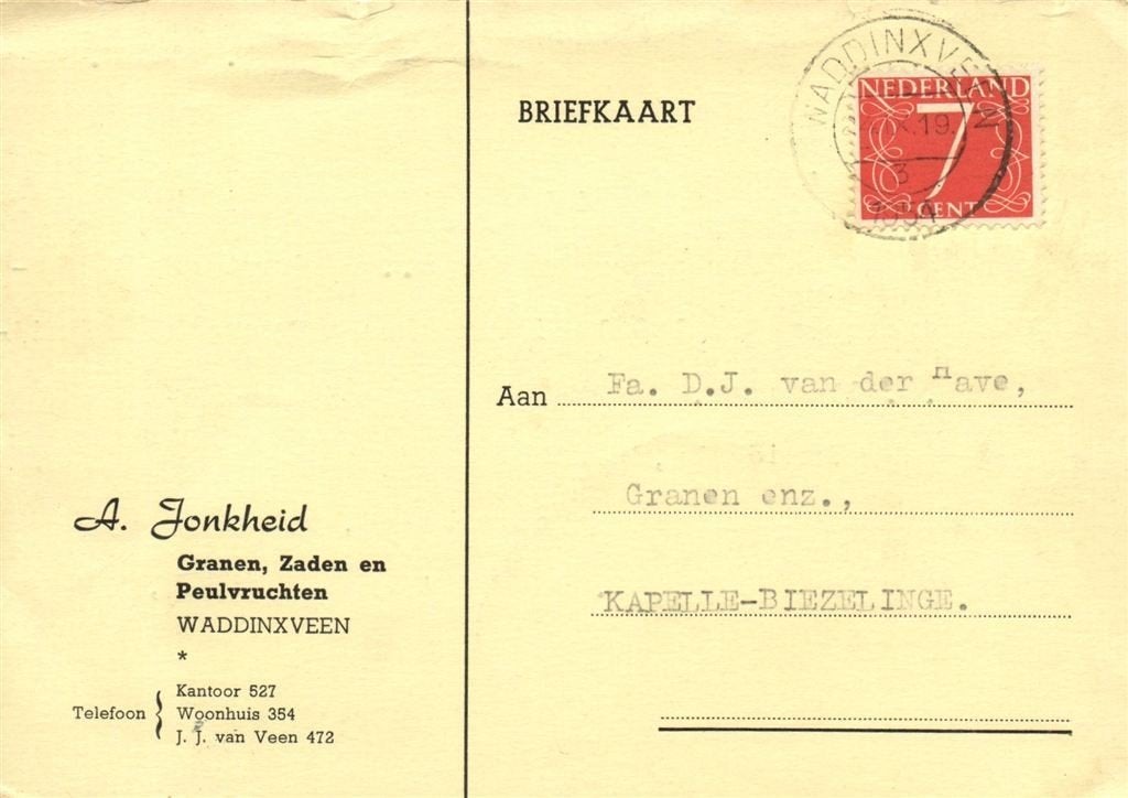 A. Jonkheid, Waddinxveen - 09.1954 - briefkaart, Ophalen of Verzenden, Briefkaart