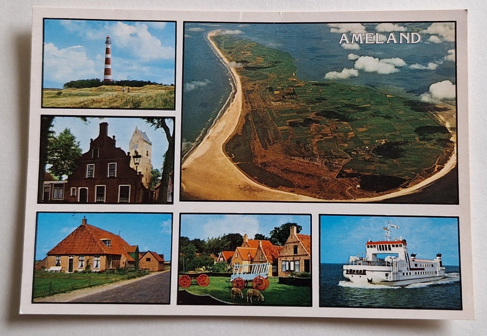 Ansichtkaart Ameland - Vuurtoren, dorp, boot, landschap, Ophalen of Verzenden, 1960 tot 1980, Ongelopen, Waddeneilanden