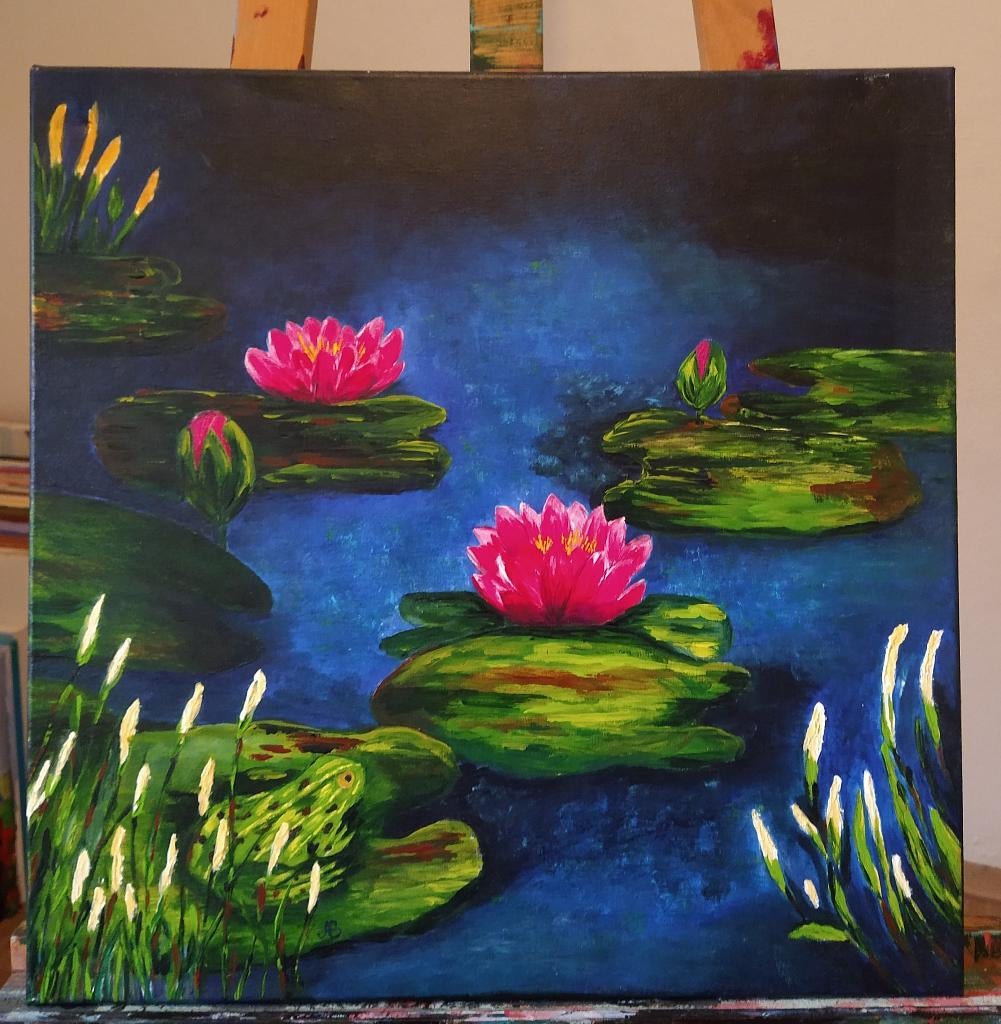 schilderij met waterlelies acryl op linnen doek, Ophalen of Verzenden