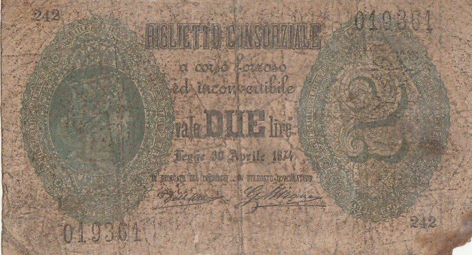 Italia 2 lire 30-04-1874, Ophalen of Verzenden, Italië, Los biljet
