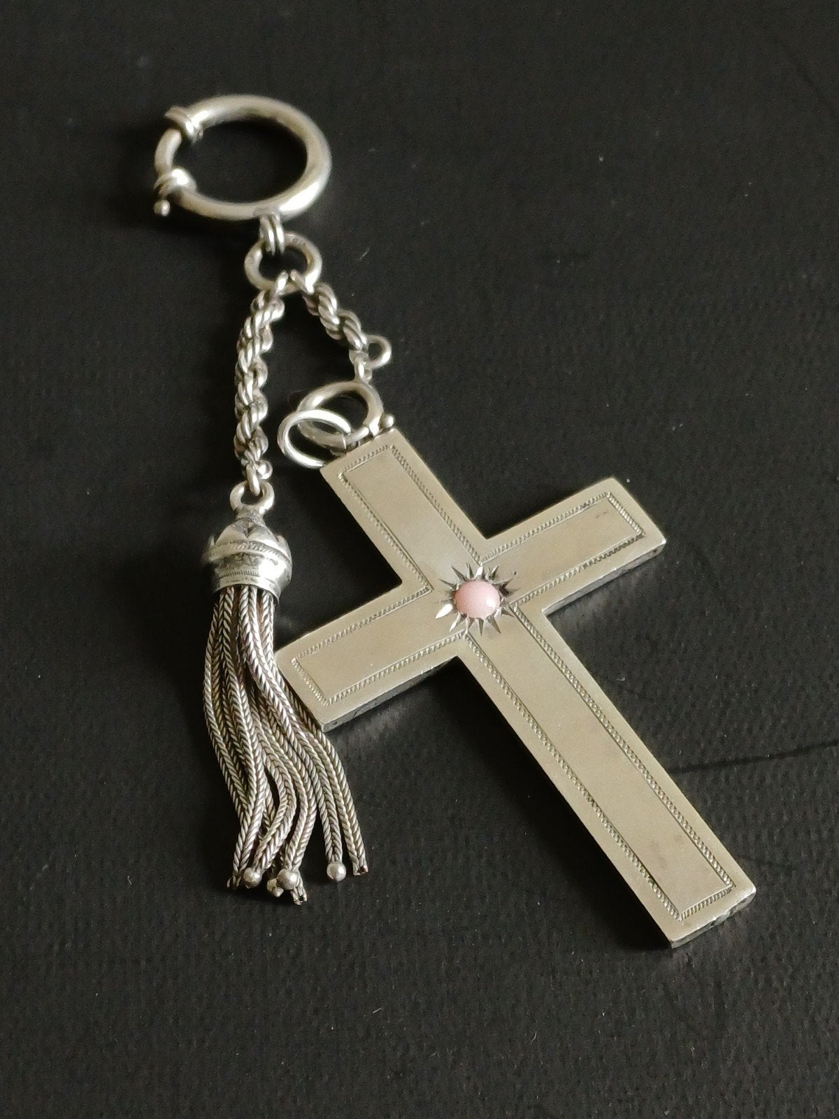 Antieke Zilveren Horloge Ketting met Kruis en Kwastje, Verzenden, Zilver, Ketting, Met edelsteen