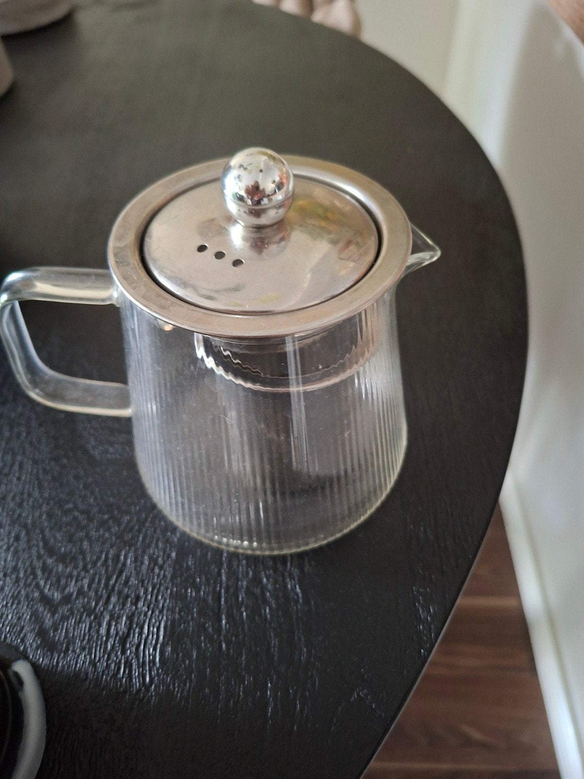 Glazen theepot met metalen deksel en theefilter, Zilver, Ophalen, Theepot/fluitketel, Glas