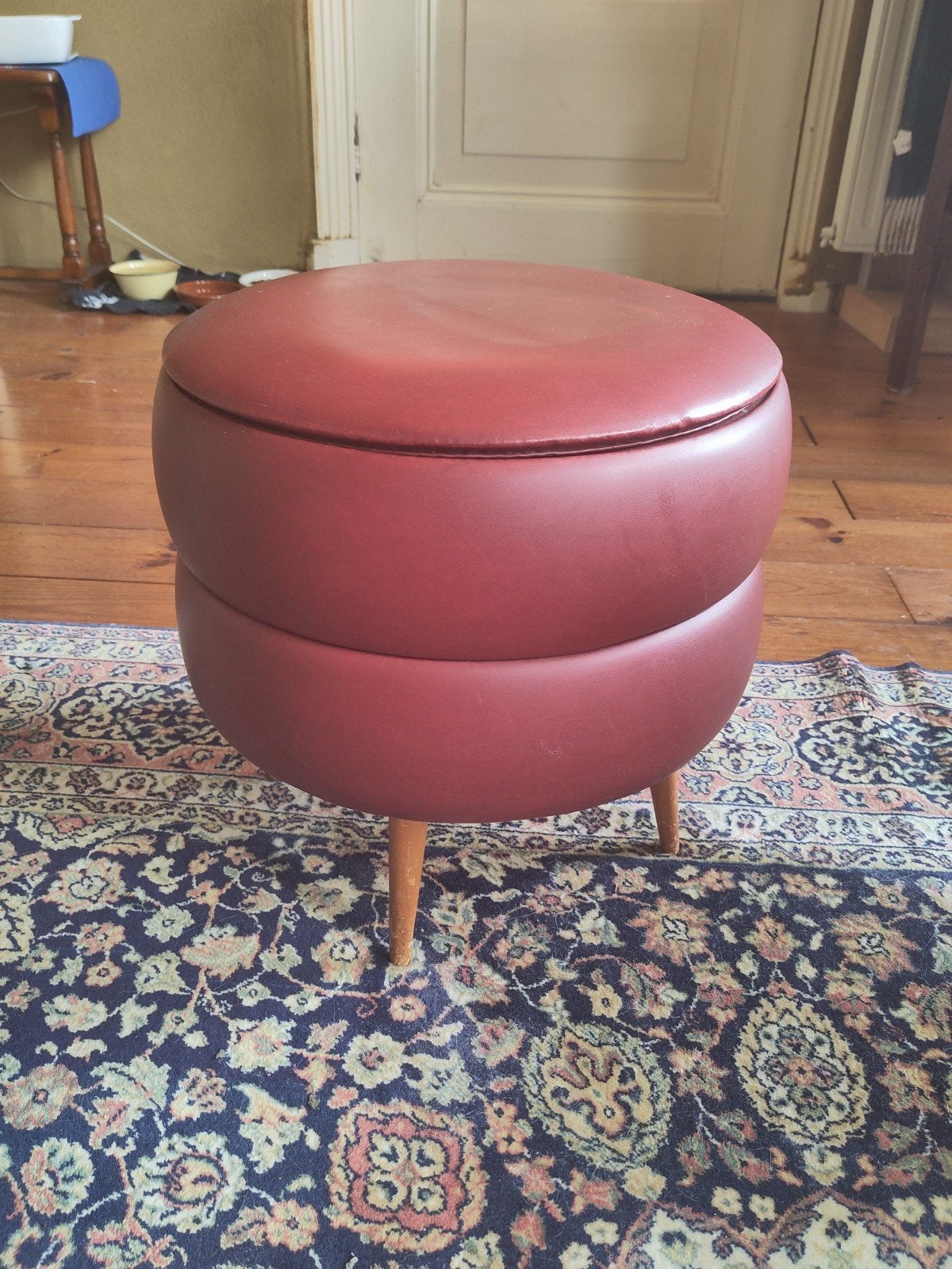Vintage retro poef, poefje, naaipoef, Ophalen, Minder dan 50 cm, Gebruikt, Rond