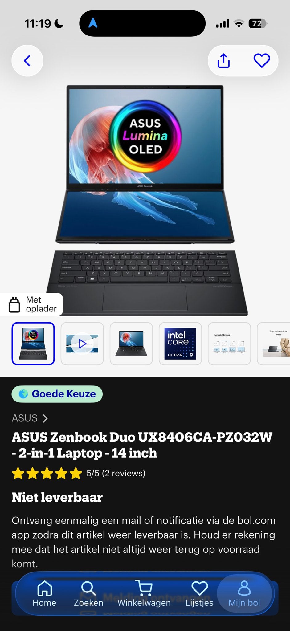 ASUS Zenbook Duo UX8406CA-PZ032W 2-in-1 Laptop - 14 inch, Computers en Software, Windows Laptops, Zo goed als nieuw, 14 inch, SSD