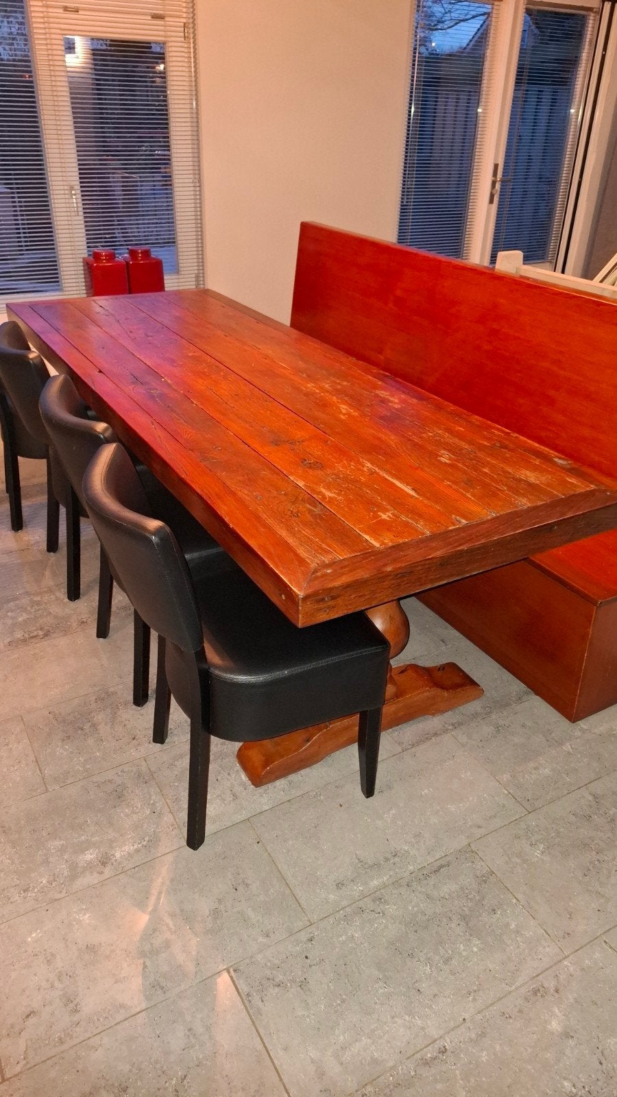 Robuuste houten eettafel 2.30 x 90, Ophalen, Gebruikt, Rustiek, Eikenhout