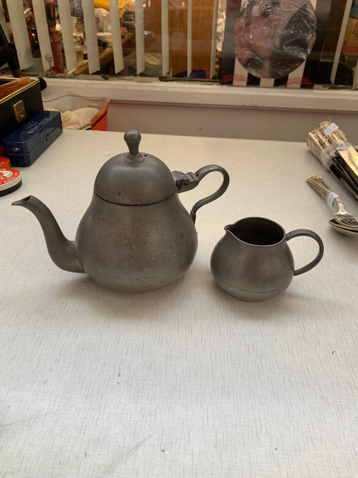 Antieke tin theepot tinnen melk kan Meeuws & Zoon Den Haag, Antiek en Kunst, Ophalen of Verzenden