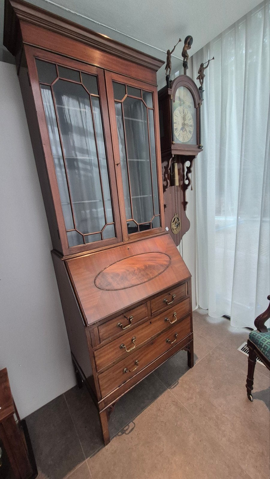Antiek mahonie secretaire met vitrinekast, Antiek en Kunst, Ophalen