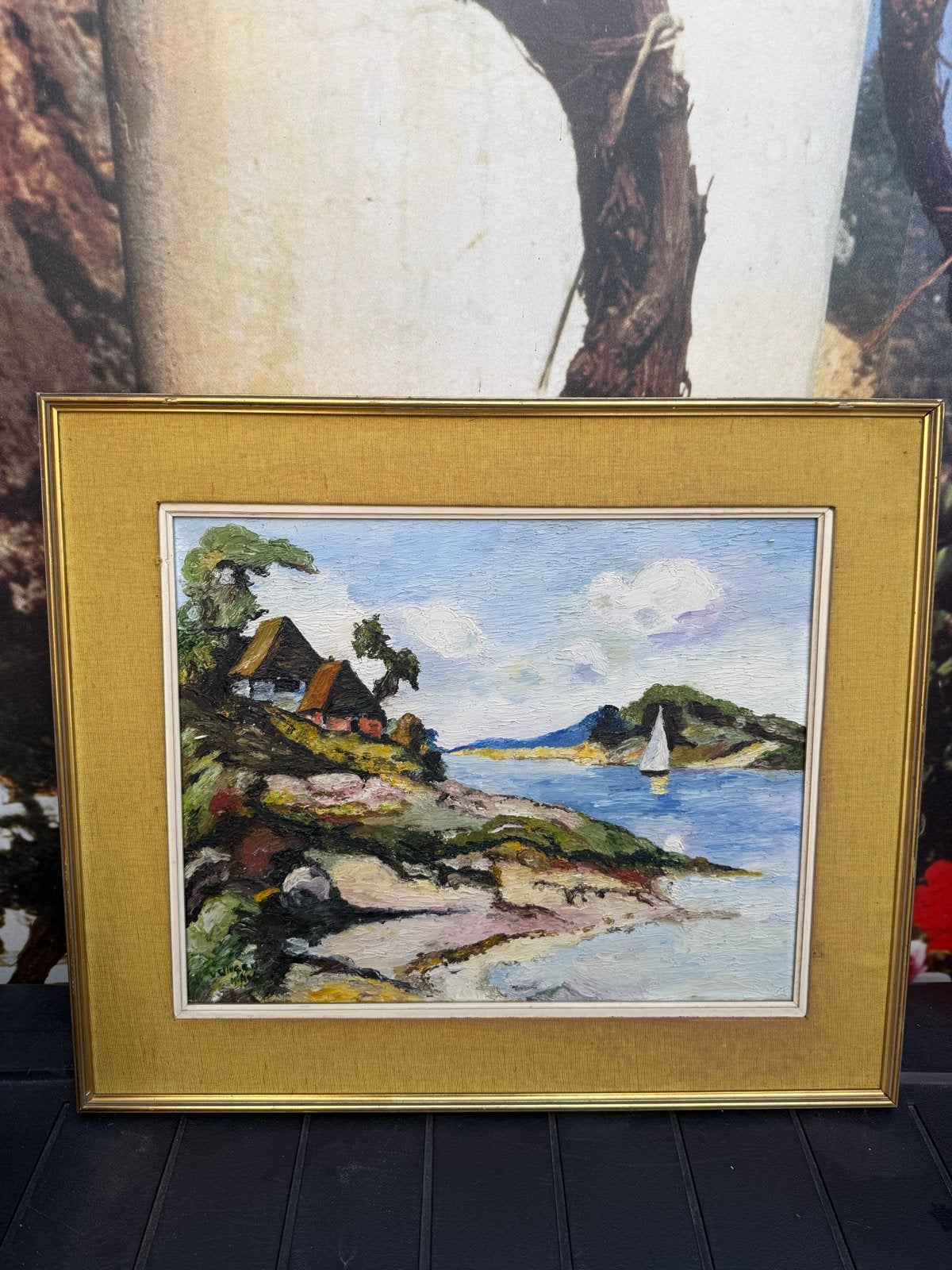 Schilderij: Landschap met huisjes en zeilboot, Doek, Realistisch, Ophalen of Verzenden, Landschap
