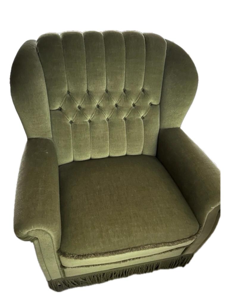 Groene vintage fauteuils franjes olijfgroen velours barok, Huis en Inrichting, Fauteuils, Ophalen, Zo goed als nieuw, 75 tot 100 cm