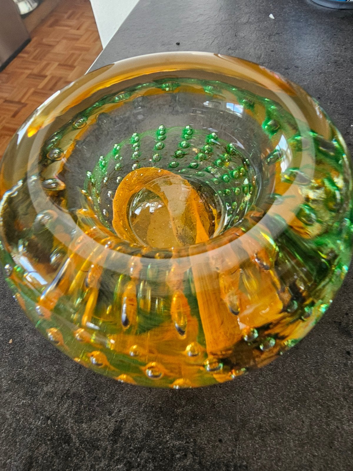 Glazen kaarshouder met spijker bubbels - geel/groen copier, Ophalen of Verzenden