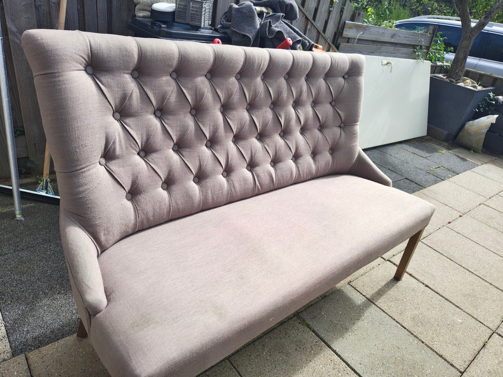 Bankje 1.60 met gecapitonneerde rugleuning, Ophalen, Gebruikt, Minder dan 75 cm, 150 tot 200 cm