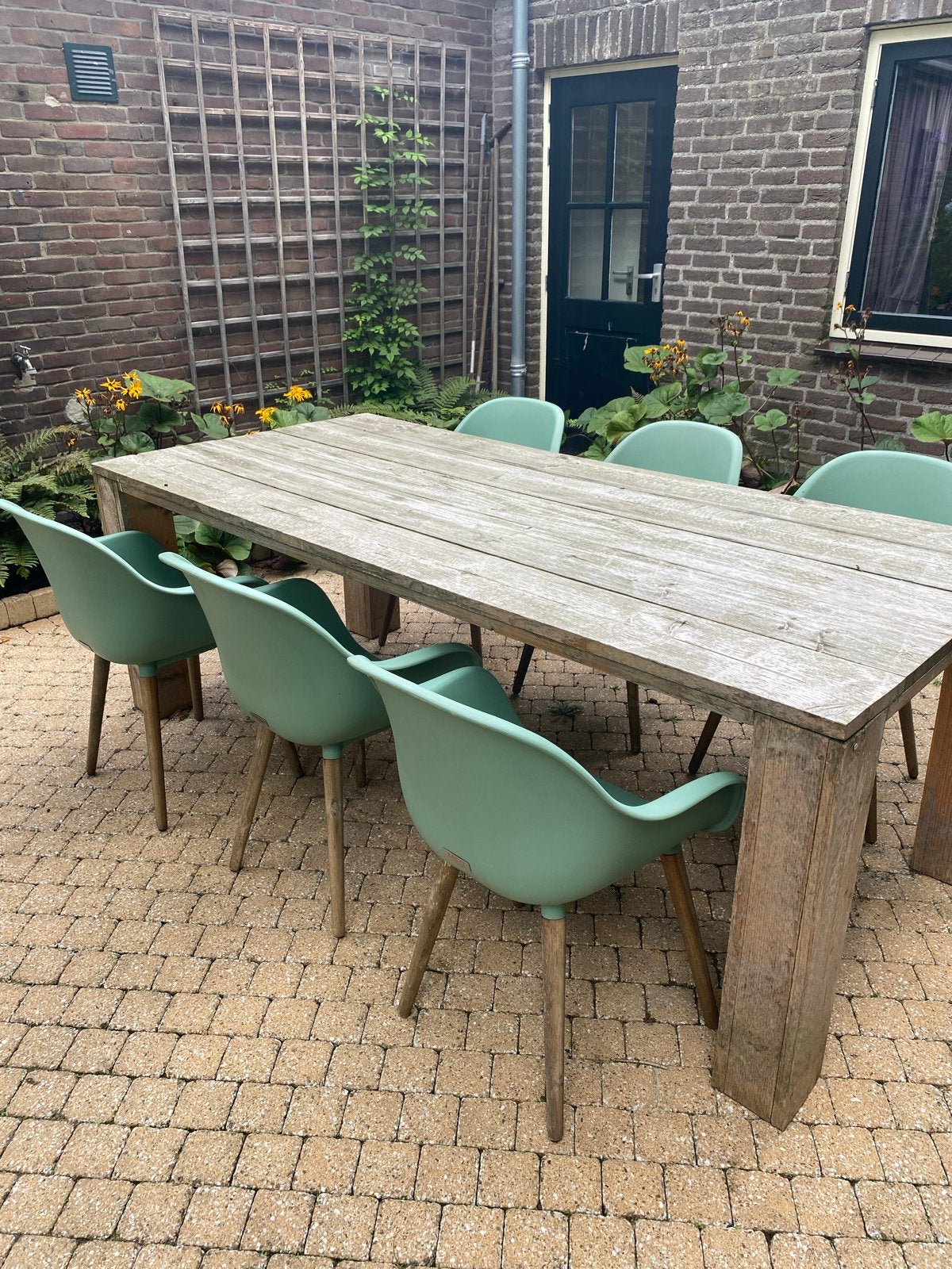 Steigerhouten tafel met 6 stoelen, Tuin en Terras, Ophalen, Gebruikt, Rechthoekig, Hout