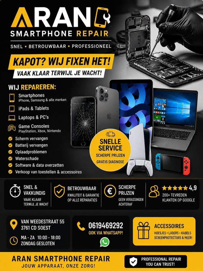 Reparatie in Soest – Telefoon, iPad, Laptop, PC & Consoles, Garantie, Mobiele-telefoonreparatie
