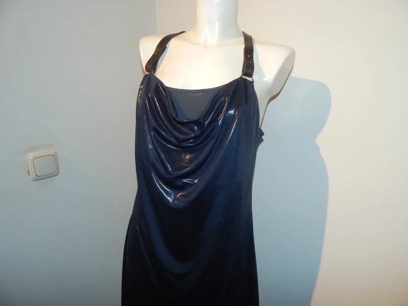 Marccain ijs blauwe jurk leren schouder banden glans N5 42, Maat 42/44 (L), Zo goed als nieuw, Knielengte, Marccain