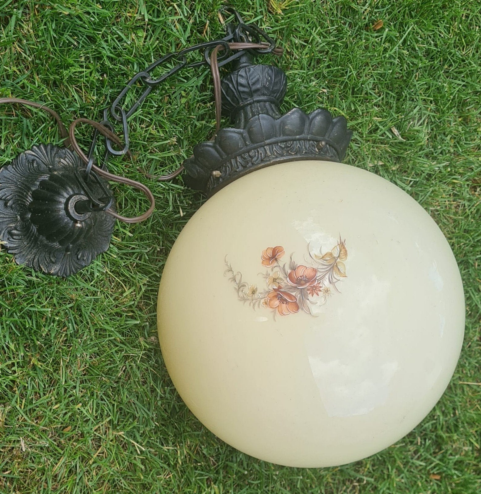 Vintage Bollamp Jaren '60 - Melkglas met Bloemen & Messing, Ophalen