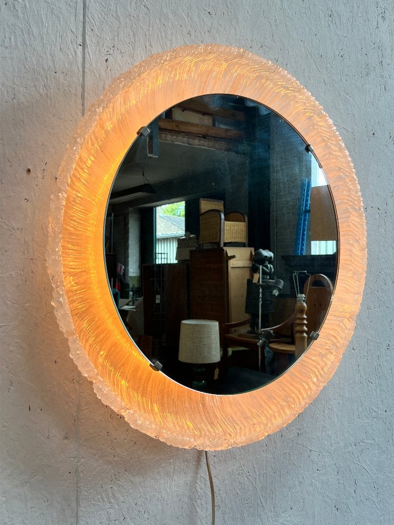 Vintage ronde Hillebrand Iceglass spiegel met verlichting, Gebruikt, Ophalen of Verzenden, Minder dan 100 cm, 50 tot 75 cm