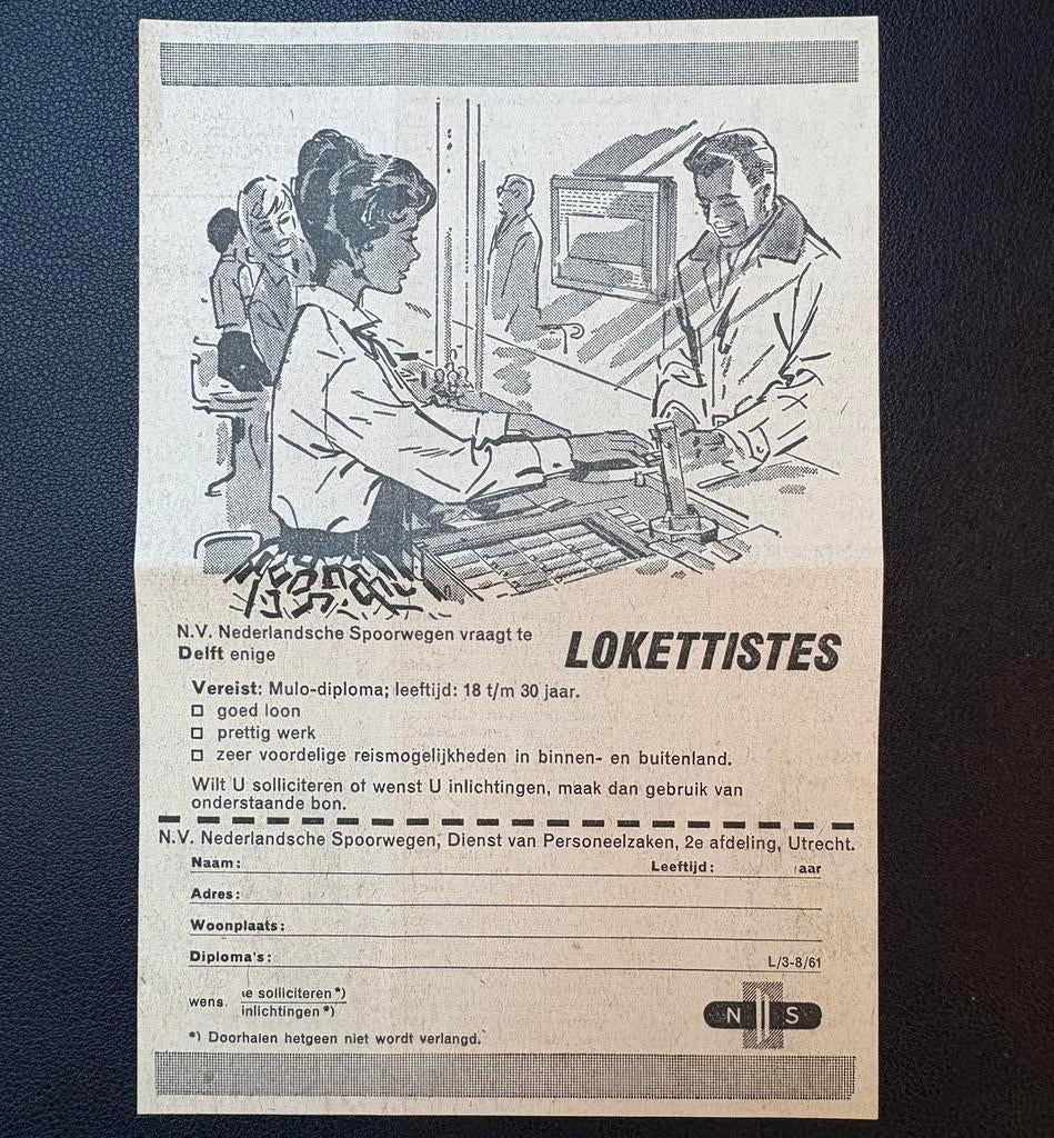 Oude vacature NS ‘Lokettistes’ (1963), Verzamelen, Ophalen of Verzenden, Gebruikt, Trein