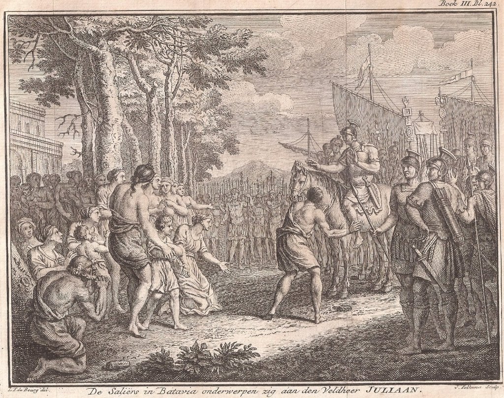 Saliërs in Batavia onderwerpen zig aan Veldheer JULIAAN  358, Origineel, Ophalen of Verzenden, Gravure, 16 cm
