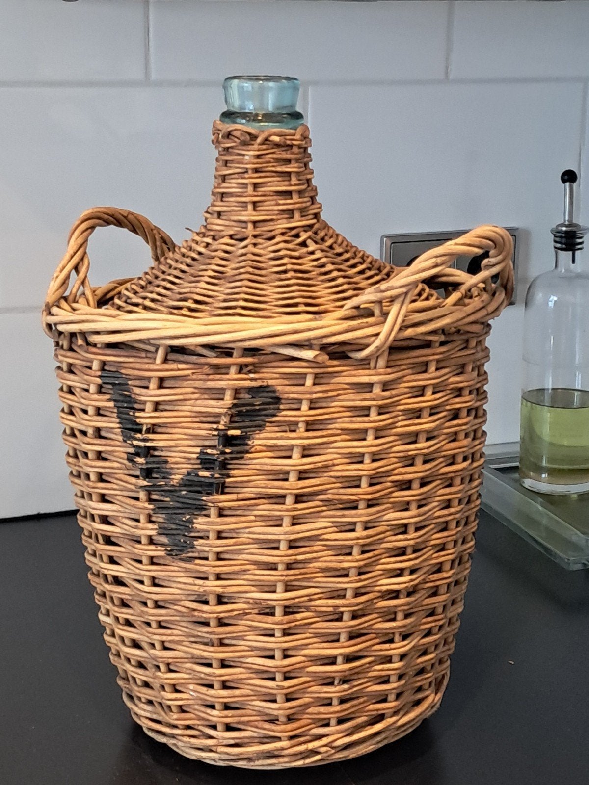 Glazen mandfles handgevlochten riet  'dame-jeanne', Ophalen, Gebruikt, Rond, Glas