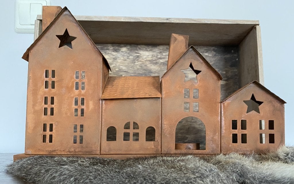 4 roestige metalen huisje voor waxine licht LHM717, Diversen, Robanjer, Nieuw, Ophalen of Verzenden, Info@robanjer.nl