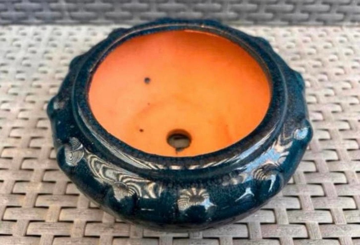 Bonsai pot rond blauw geglazuurd pok motief 14,9x6,7, Tuin en Terras, Bloempotten, Rond, Ophalen of Verzenden, Zo goed als nieuw