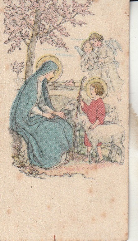 Vintage religieuze prent: Maria, Jezus en engelen, Ophalen of Verzenden, Gebruikt, Kaart of Prent, Christendom | Katholiek