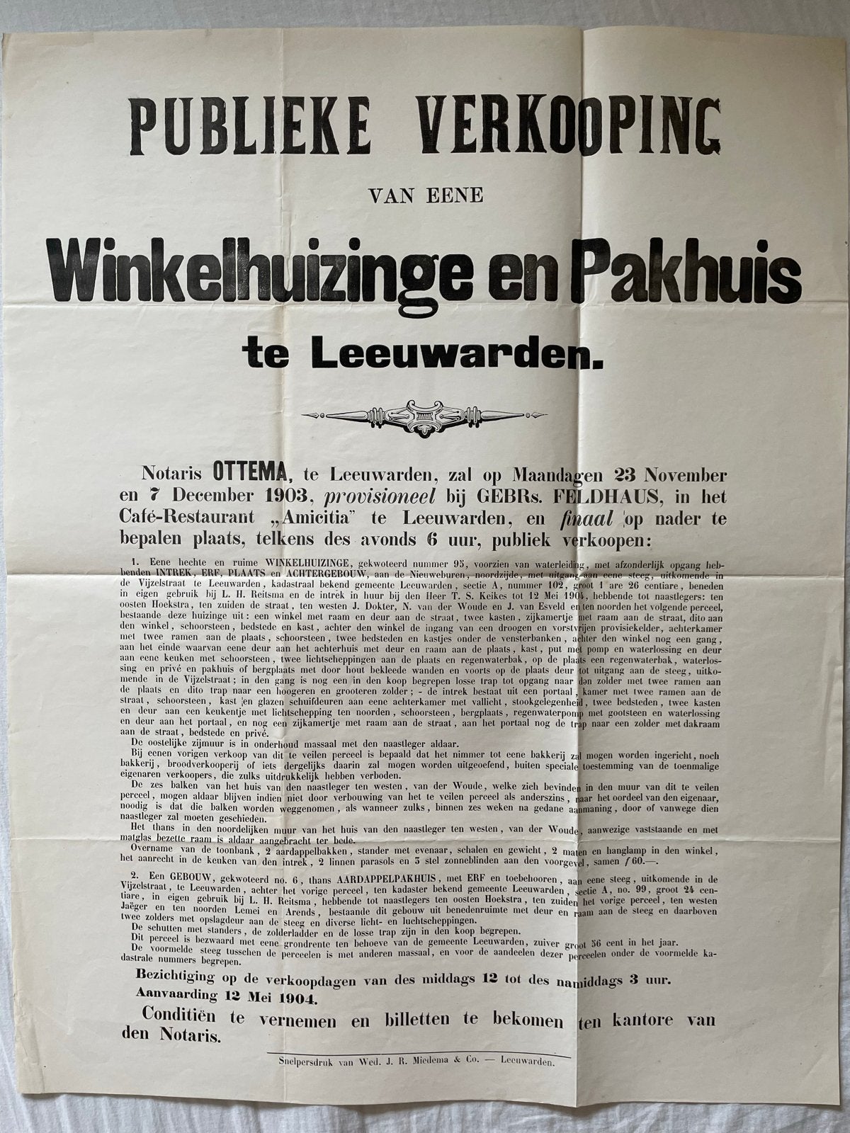 Publieke Verkoop 1903 Winkelhuizinge Pakhuis Leeuwarden, Ophalen of Verzenden