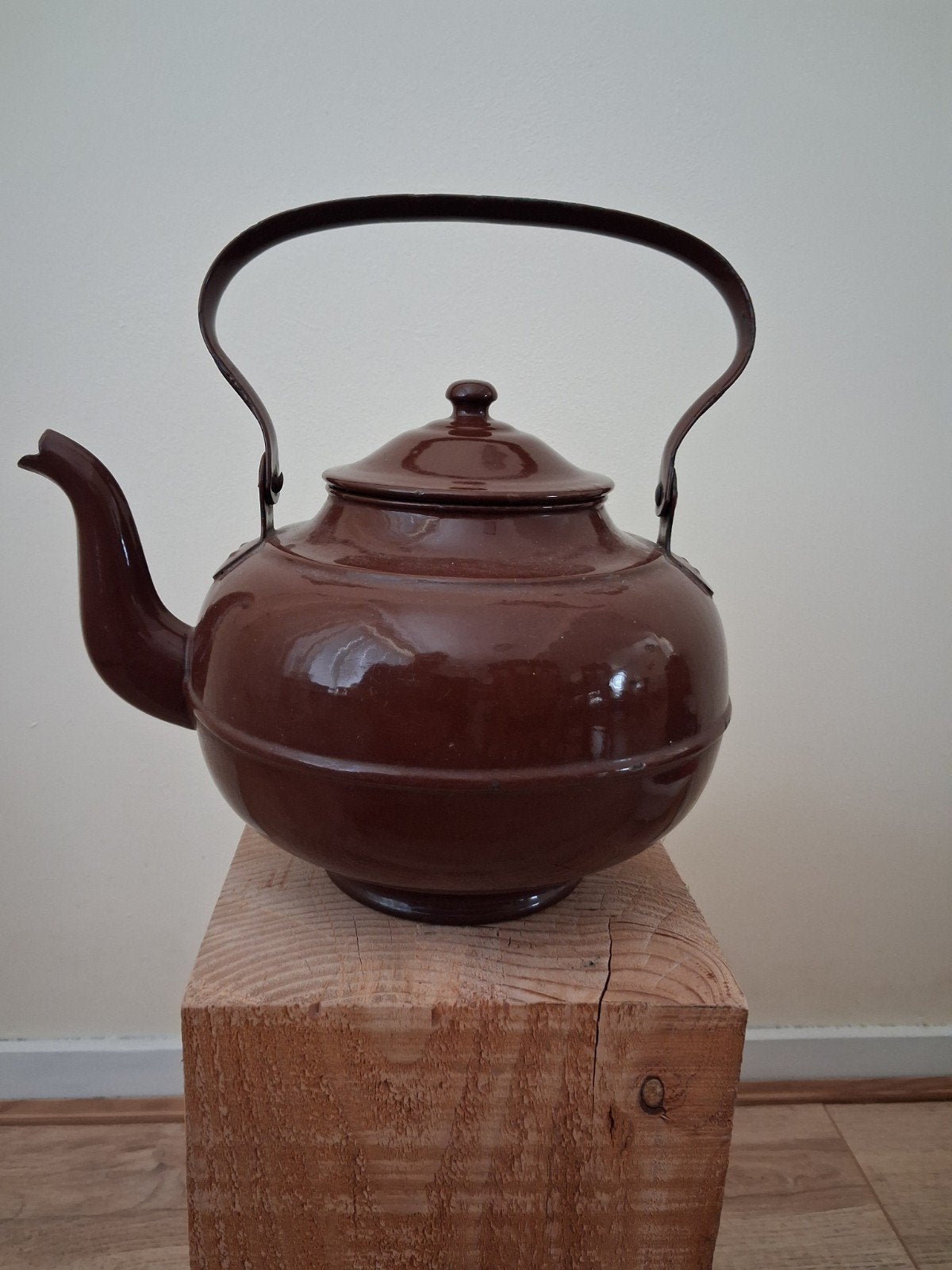 Vintage Bruine Emaille Waterketel - Antieke Theepot, Antiek en Kunst, Ophalen of Verzenden