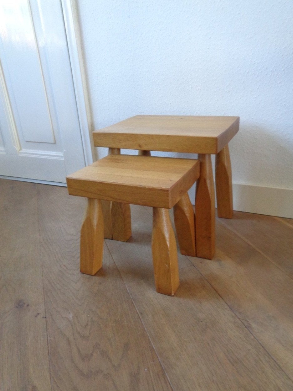 Set van 2 vintage eiken bijzettafels – jaren ’70, Huis en Inrichting, Gebruikt, Vintage, jaren ’70, rustiek en Scandinavisch, Eikenhout