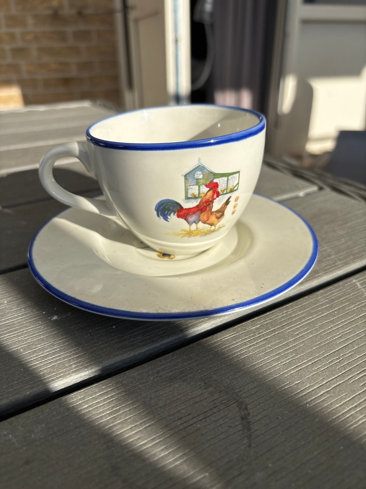 Alie Kruse Kolk Design Kop en Schotel met Kippen, Gebruikt, Overige merken, Keramiek, Landelijk/Boerenbont