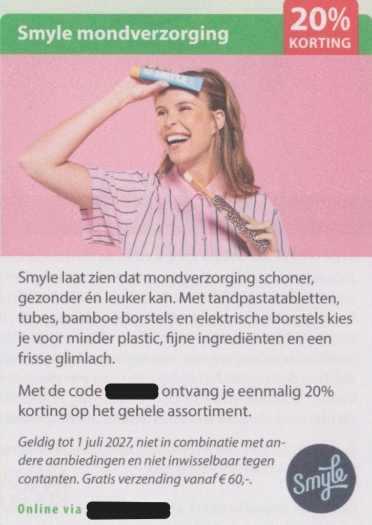 Smyle mondverzorging. 20% kortingsbon. Postcodeloterij bon., Eén persoon, Kortingsbon, Warenhuis- of Winkelbon