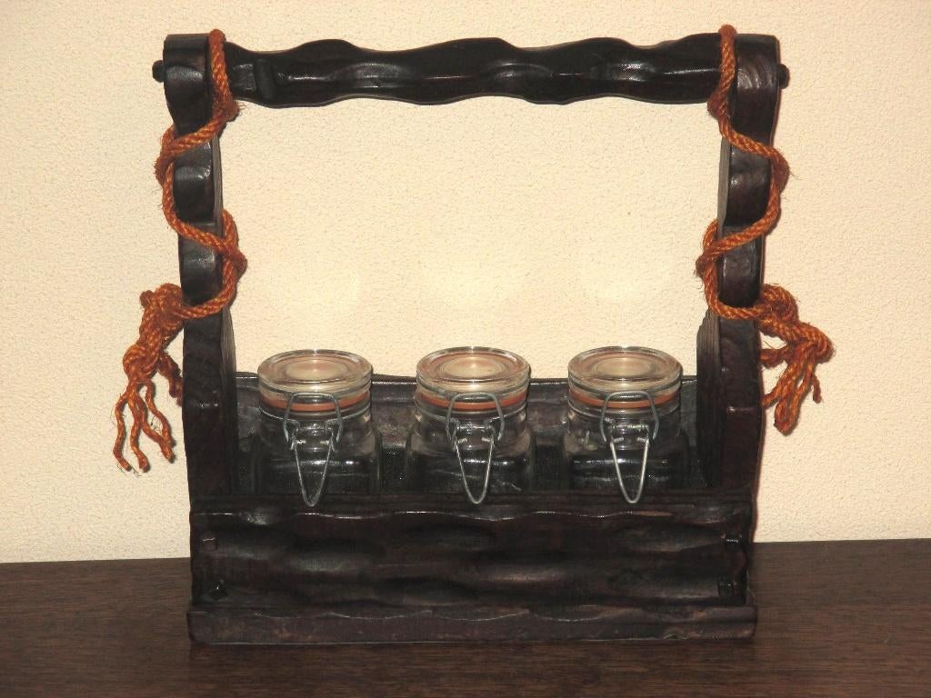 3 retro glazen wekpotjes in vintage antiek-style houder ZGAN, Verzenden, Zo goed als nieuw