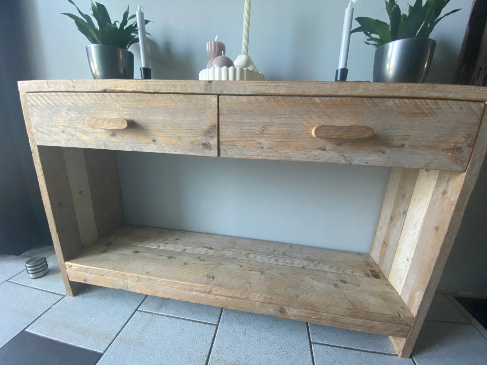 Steigerhouten sidetable met 2 lades, Ophalen, Gebruikt, 100 tot 150 cm, Overige houtsoorten