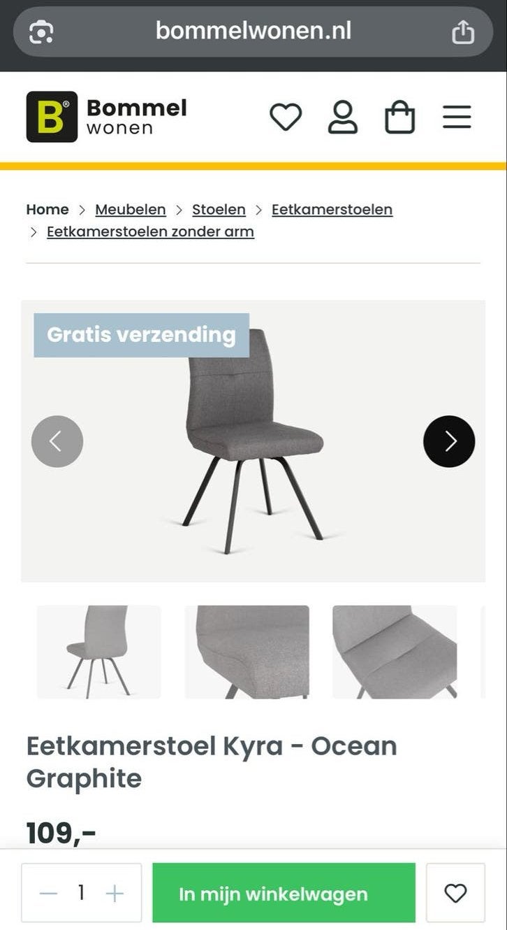Showroommodel Eetkamerstoel Kyra - Ocean Graphite, Nieuw, Ophalen of Verzenden, De Bommel, Eén