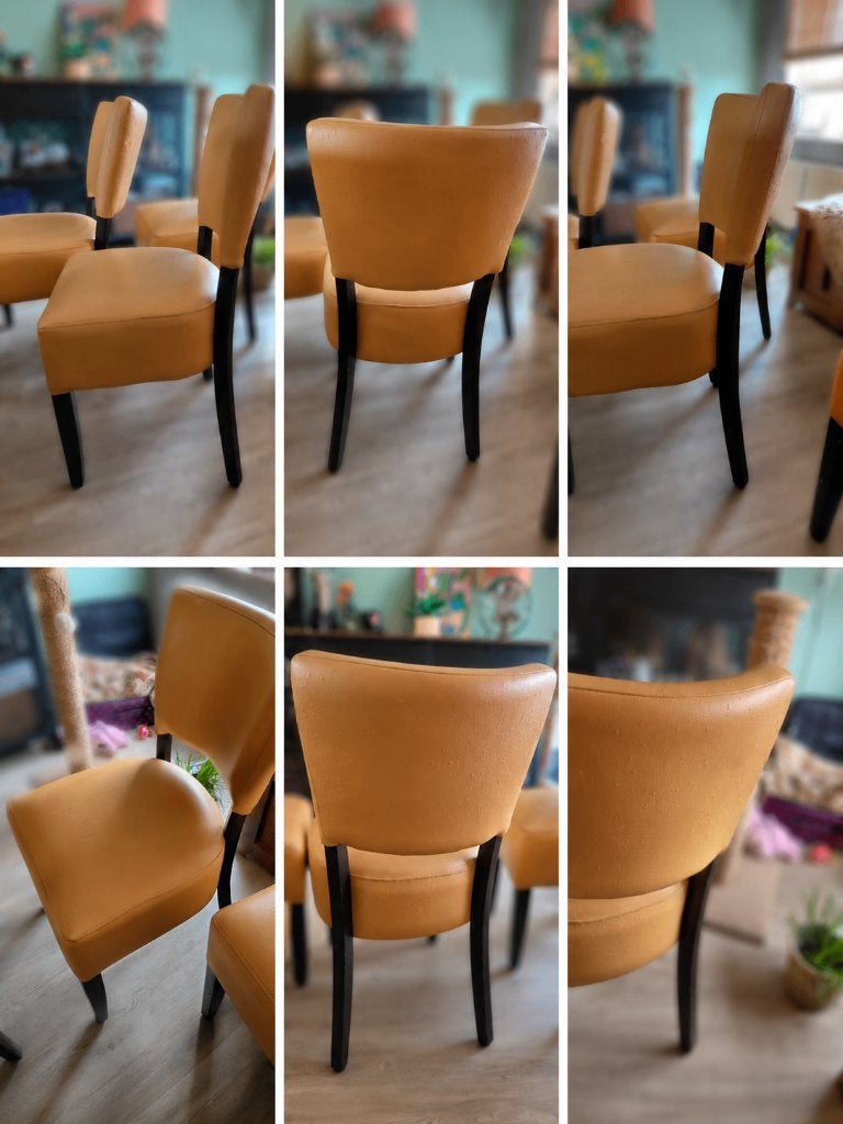 Eetkamerstoelen mosterd / oker met krab schade, Ophalen, Overige materialen, Gebruikt, Overige kleuren