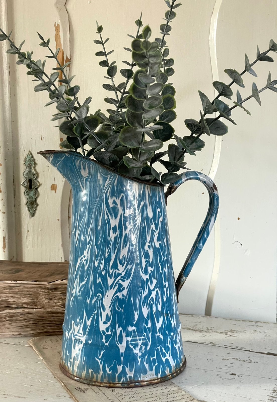 Emaille oude waterkan wit blauw gevlekt, Antiek en Kunst, Ophalen of Verzenden